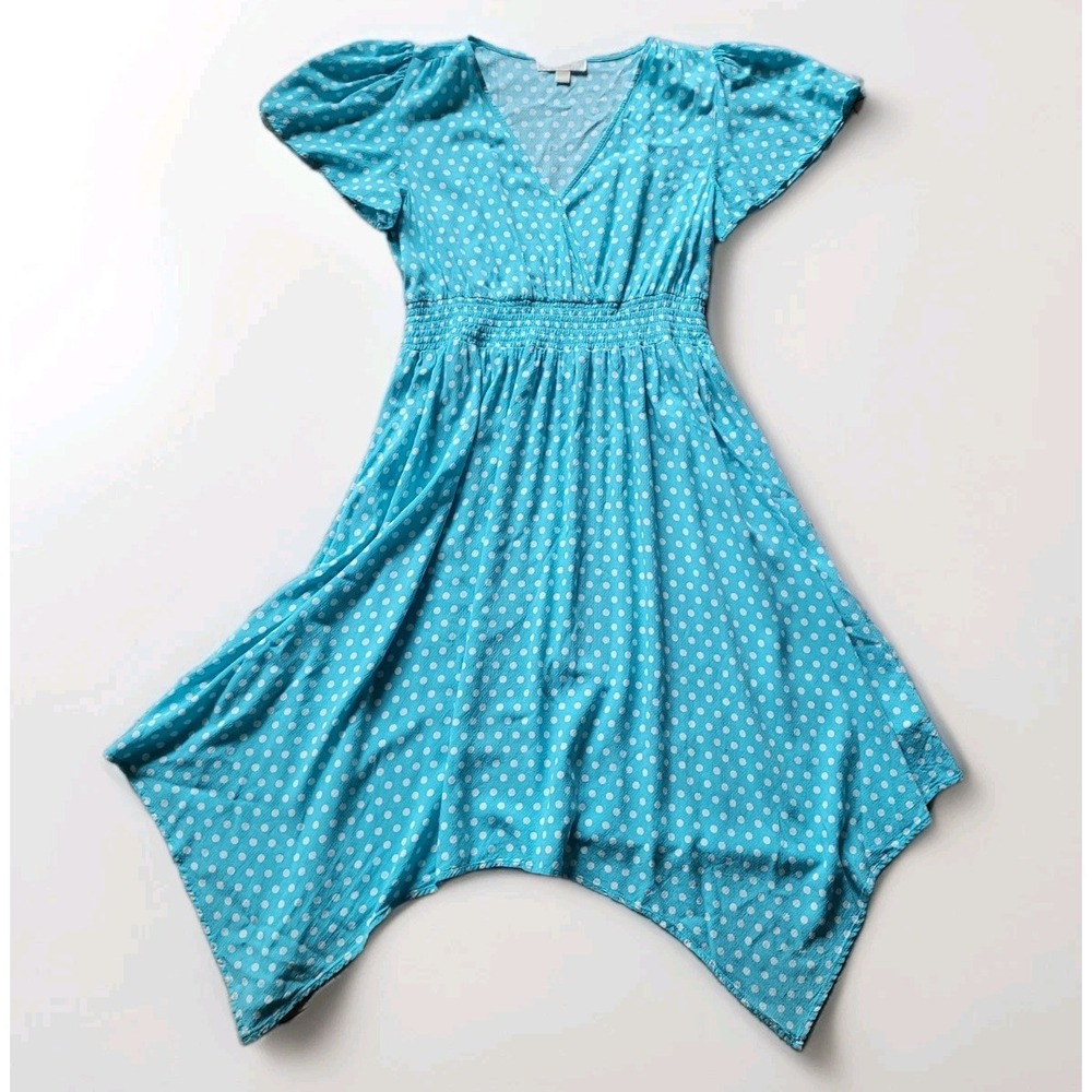 Michael Kors Sky Blue Polka Dot Smocked Waist Midi Dress Large Romantic Pin Up